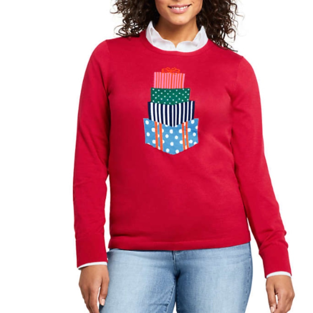Land’s  End Petite Red Holiday Christmas Sweater
